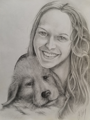 Pencil sketch of a woman and a dog