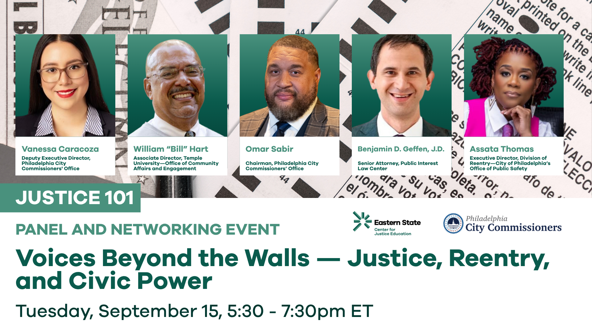The title card for Justice 101: Voices Beyond the Walls — Justice, Reentry, and Civic Power